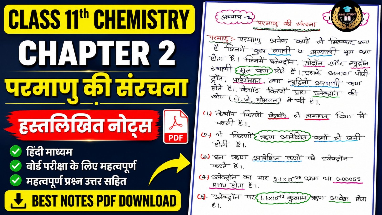 Class 11th Chemistry Chapter 1 Notes PDF Download – Structure of Atom Notes PDF in Hindi & English