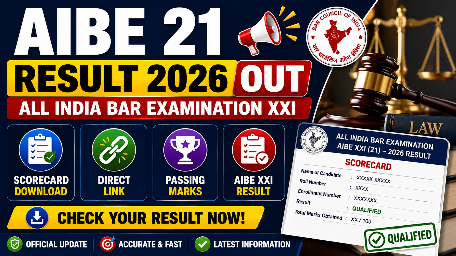 AIBE 21 Result 2026 Out, Scorecard Download, Direct Link, Passing Marks, AIBE XXI Result