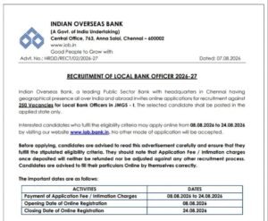 IOB Local Bank Officer LBO Recruitment 2026