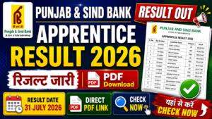 Punjab and Sind Bank Apprentice Result 2026 thumbnail showing Result Out, PDF Download, and Direct Link to Check Apprentice Result.