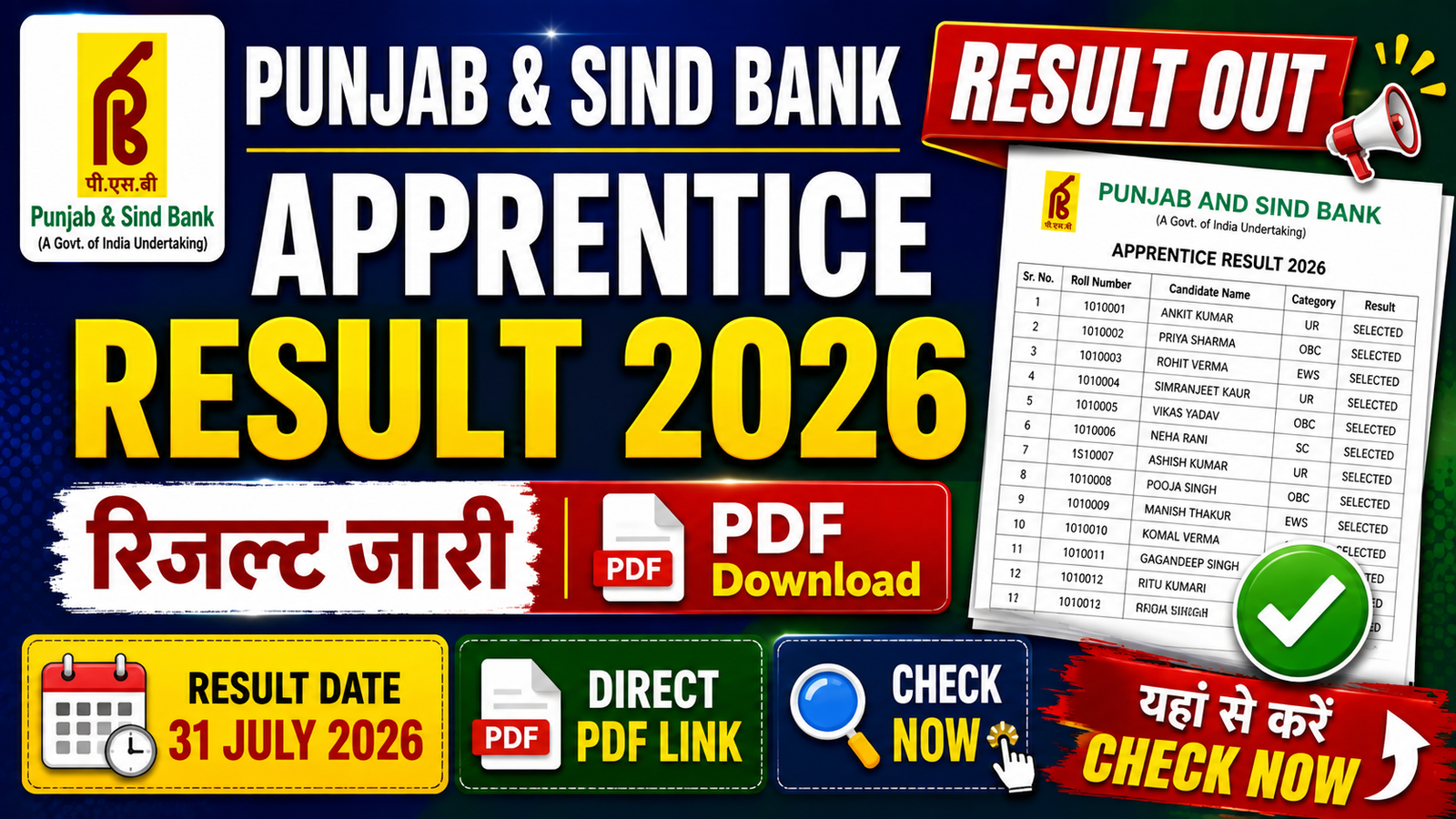 Punjab and Sind Bank Apprentice Result 2026 thumbnail showing Result Out, PDF Download, and Direct Link to Check Apprentice Result.