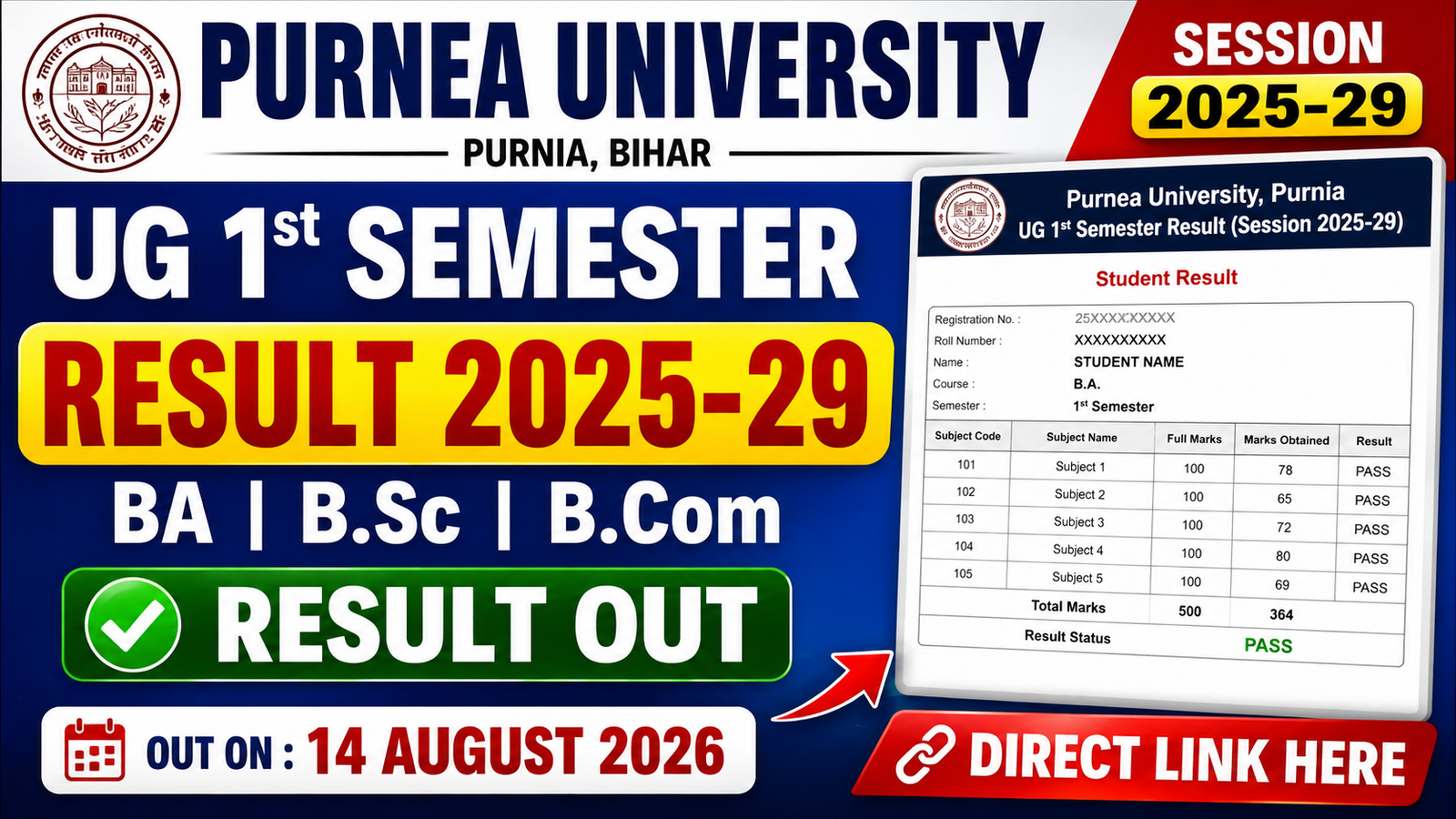 Purnea University UG 1st Semester Result 2025-29