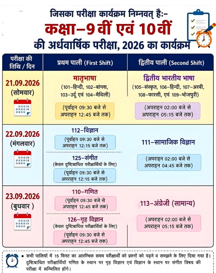 21 September Bihar Board 10th Hindi Half Yearly Exam 2026