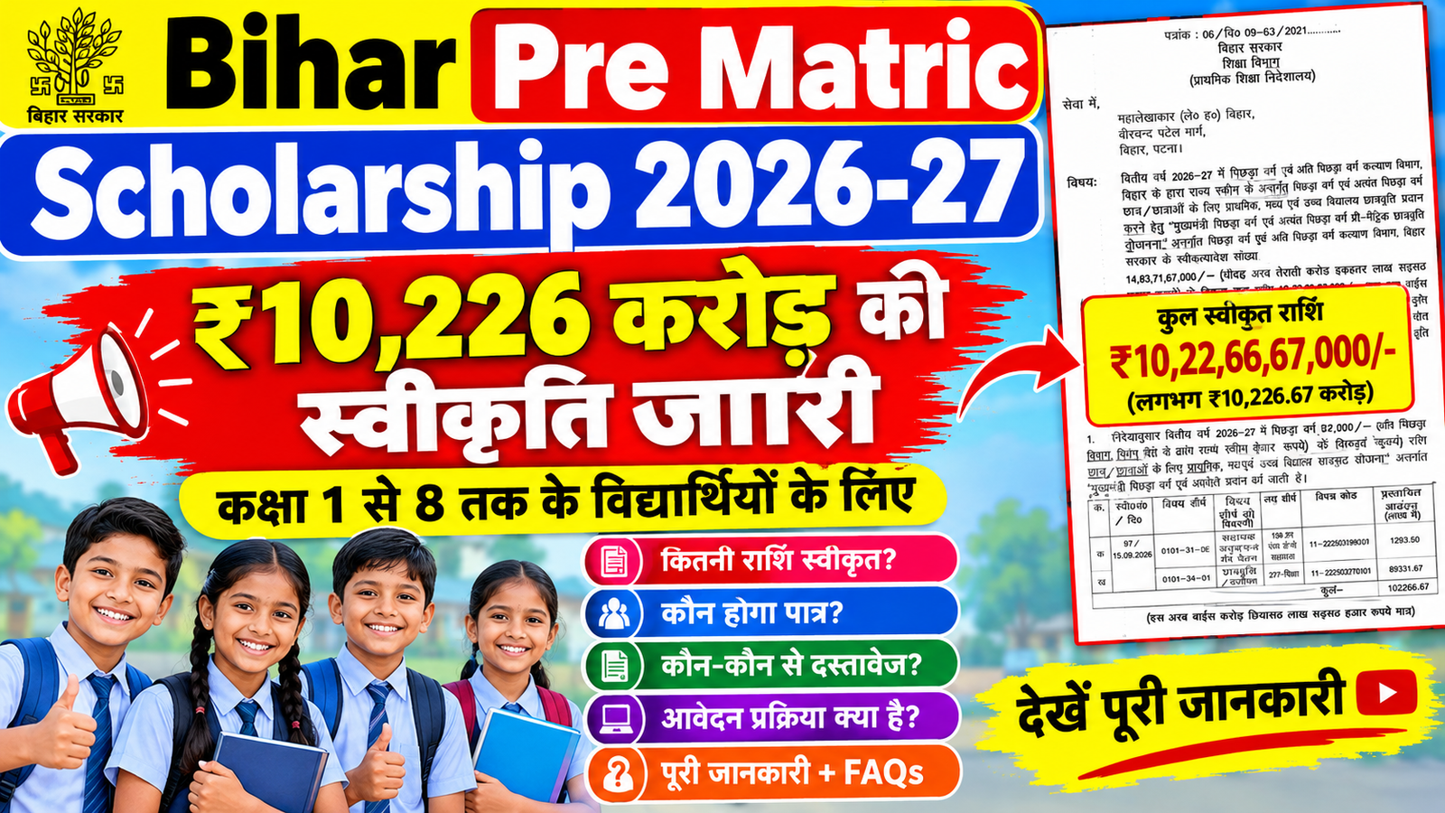 Bihar Pre Matric Scholarship 2026-27